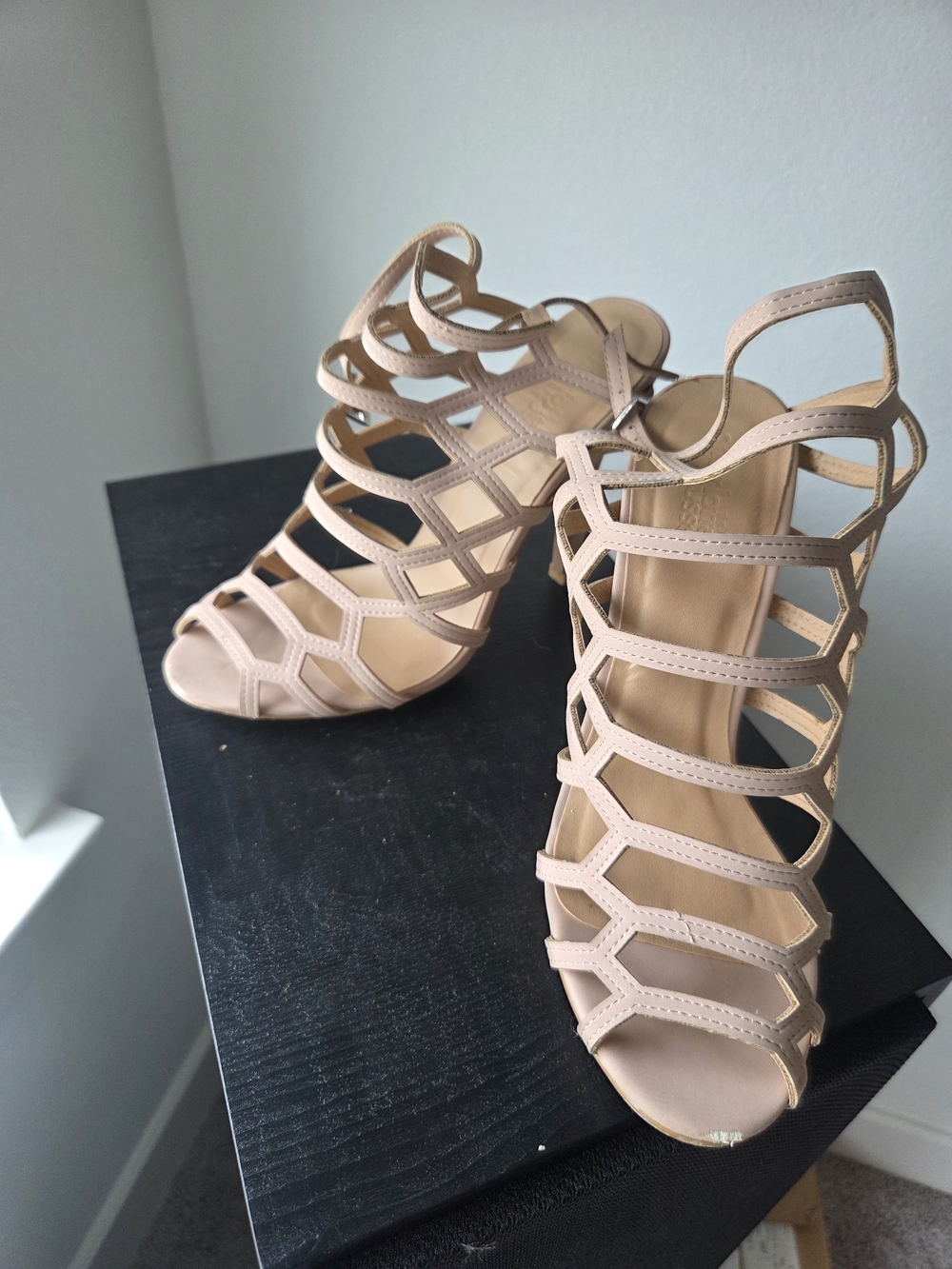 Nude Strappy Cage Heels - Women's Elegant Sandals